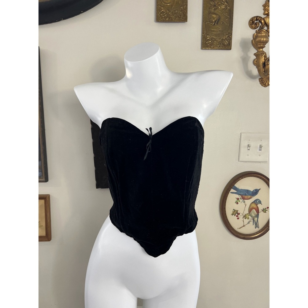 Bway Jrs Vintage Black Velvet Sweetheart Strapless Smocked Corset Top Size M